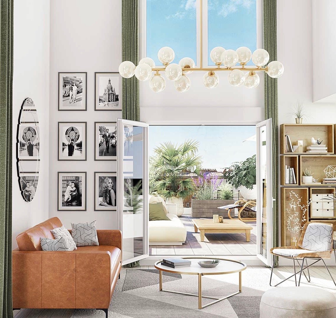 loft duplex moderne canapé cuir vintage table basse ronde laiton bibliothèque caisse bois cube