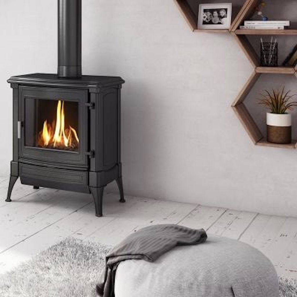 coin cocooning poêle à gaz pouf gris meuble hexagone - clematc