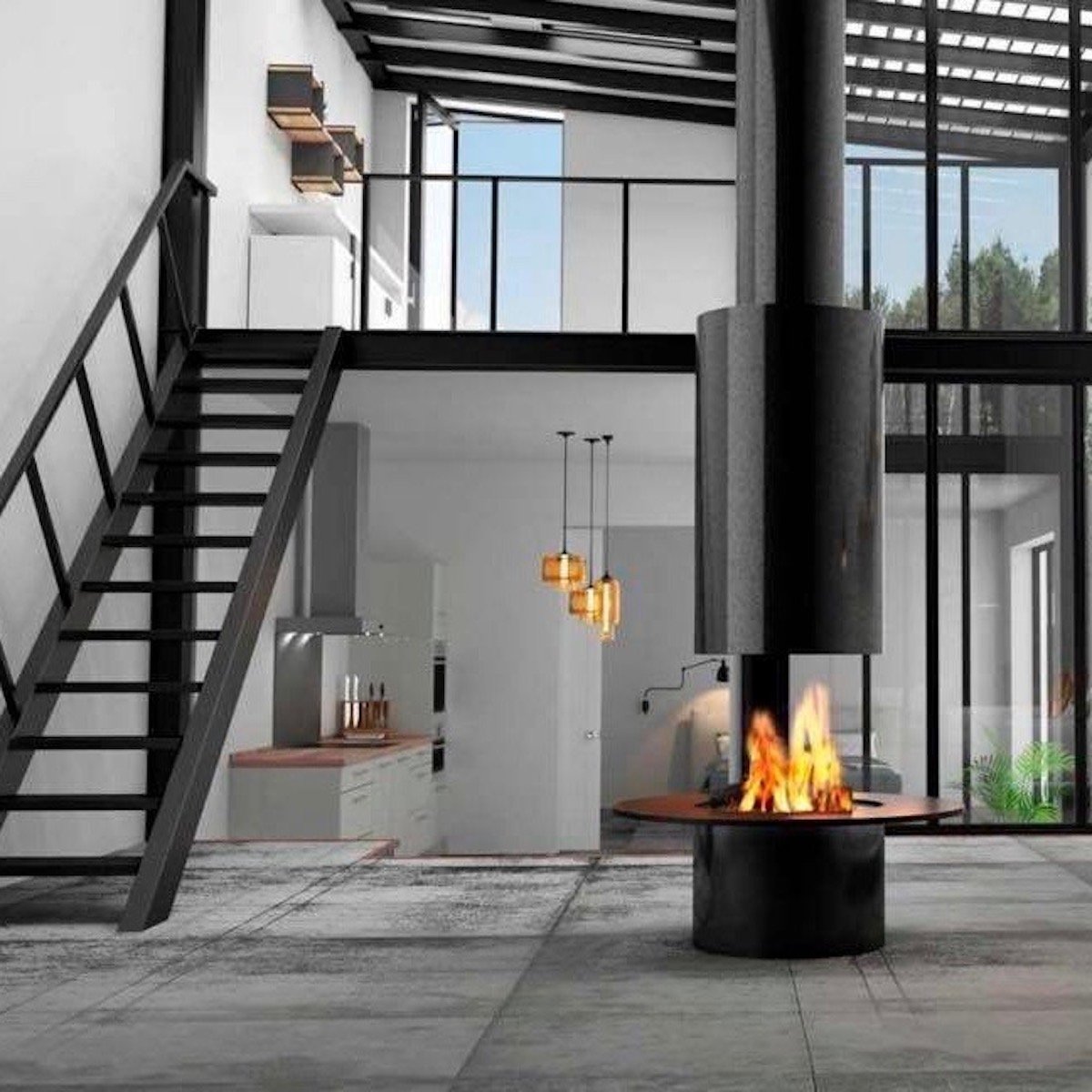 cheminée centrale mezzanine cuisine ouverte escalier métal - clemaroundthecorner