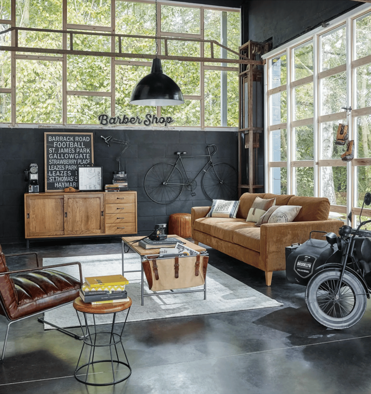 salon industriel tendance fauteuil cuir bicyclette verrière - blog déco - clematc