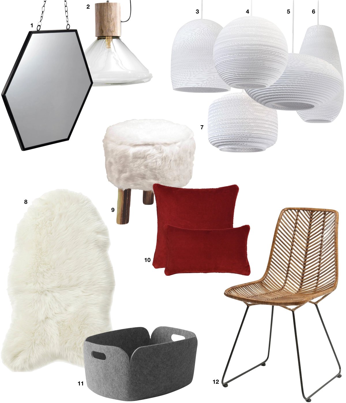 chalet familial accessoire déco tapis fourrure blanc suspension papier coussin rouge