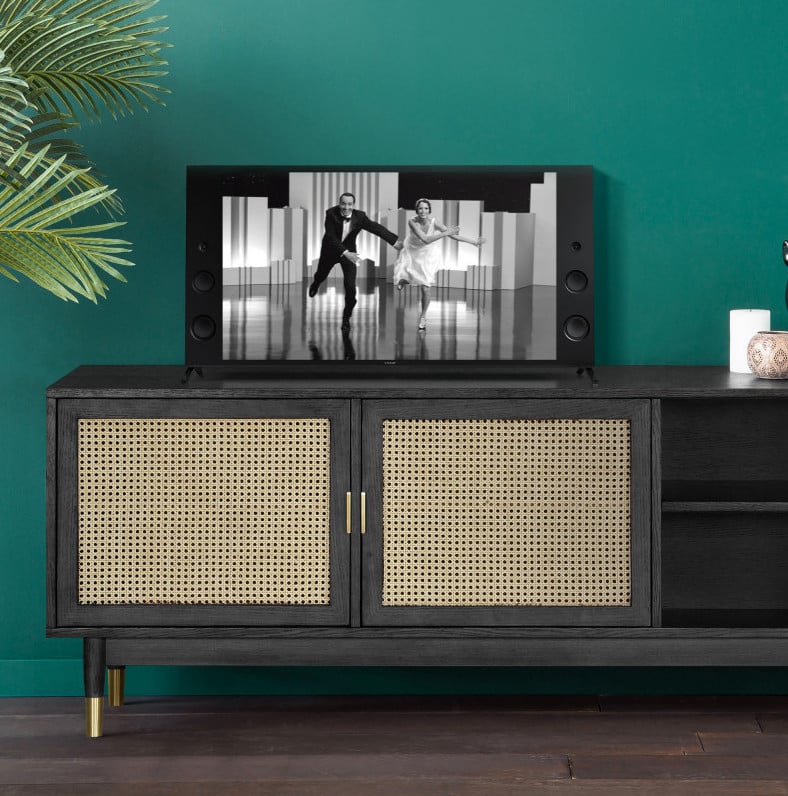 blog déco cannage meuble télé noir mur vert style art déco