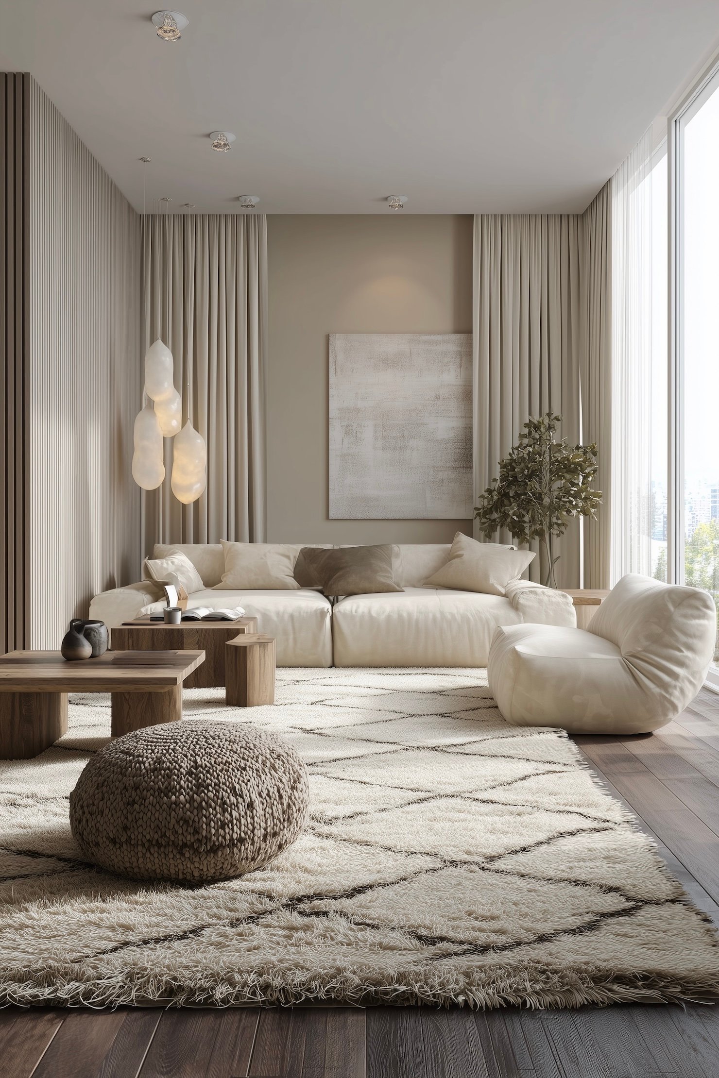 aménagement salon beige pentahouse scandinave nyc