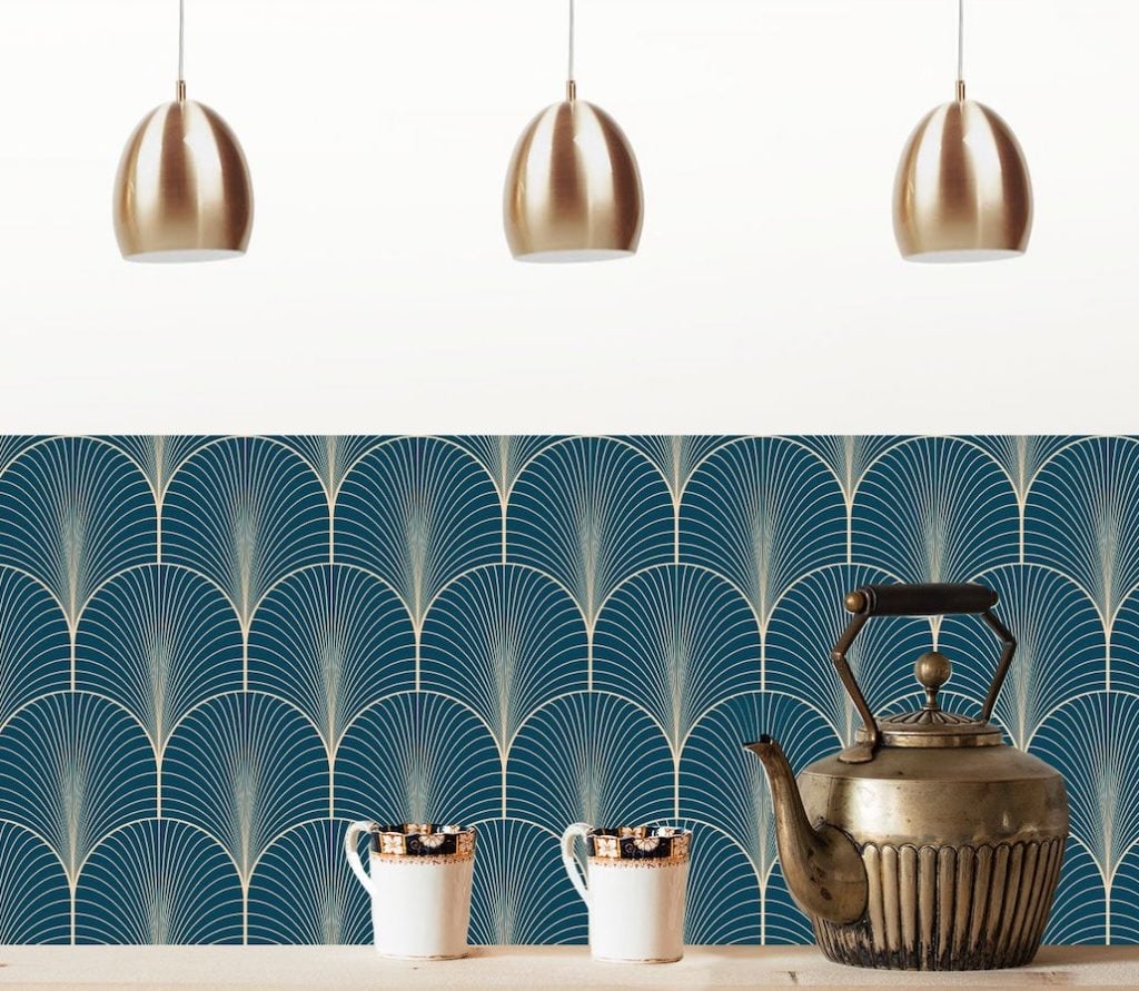 fresque papier peint art déco bleu doré inspiration cuisine