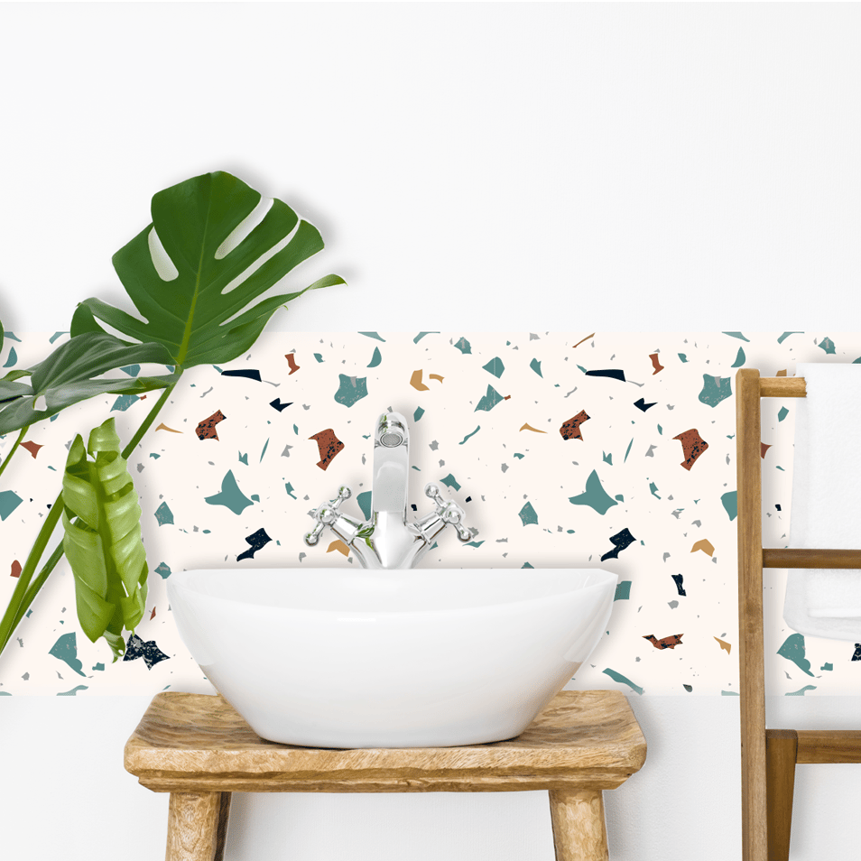fresque papier peint tendance terrazzo décoration intérieure salle de bain tabouret bois
