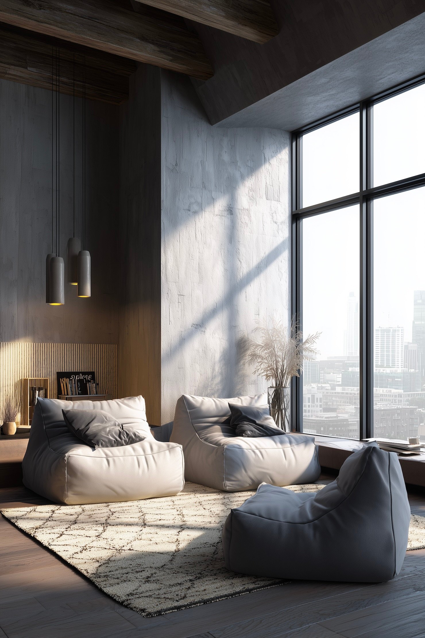 loft londonien industriel mur brut fauteuil au sol