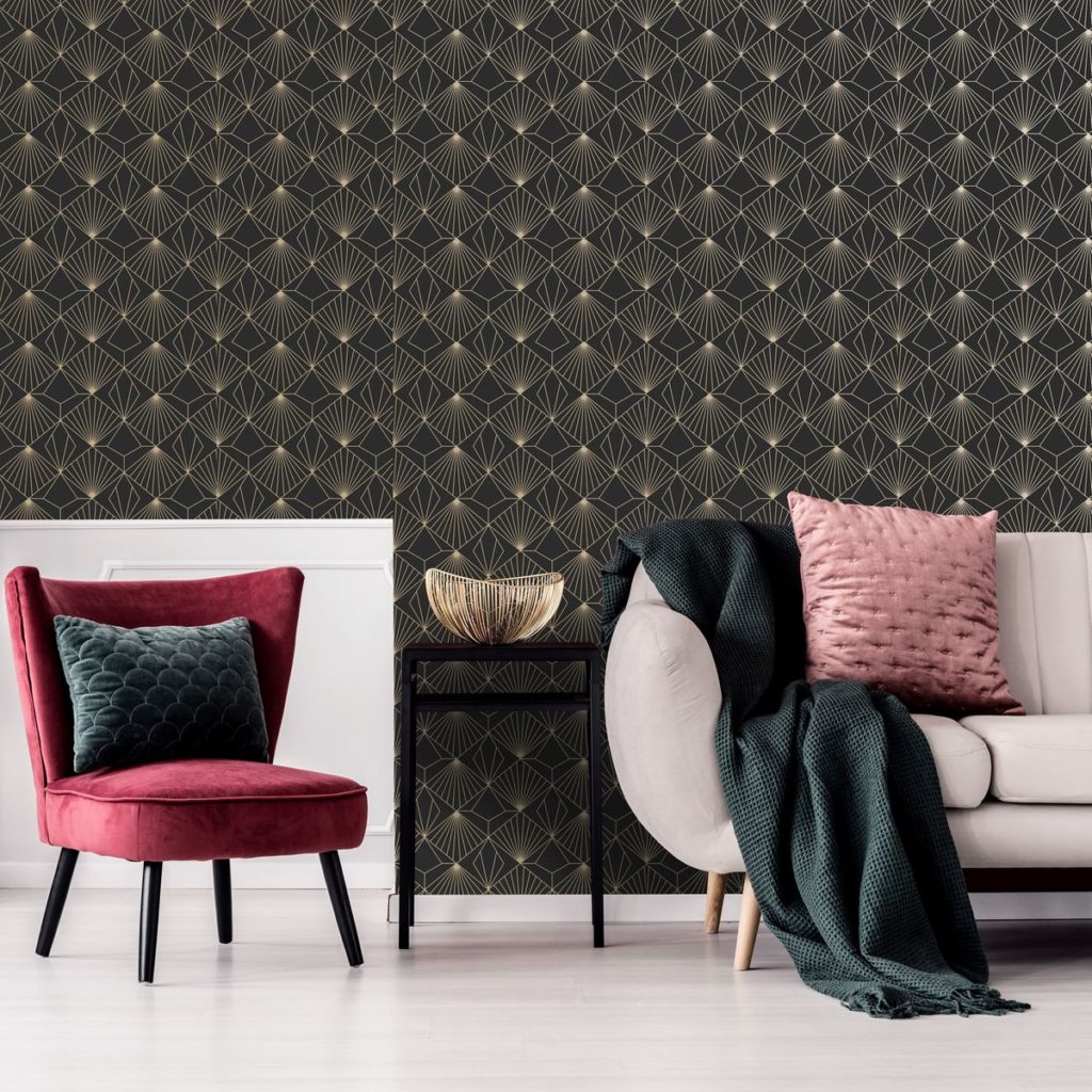 salon rétro contemporain tendance velours laiton mur art déco noir doré