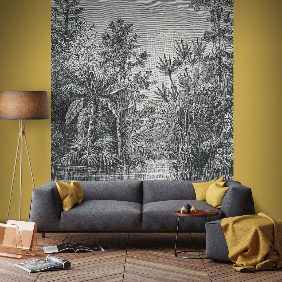 salon vintage papier peint repositionnable gris urban jungle jaune moutarde parquet en bois lamé