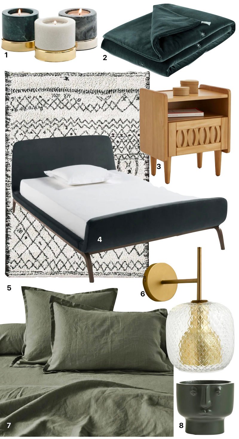 chambre parentale adulte déco vert olive velours lin drap édredon laiton bois