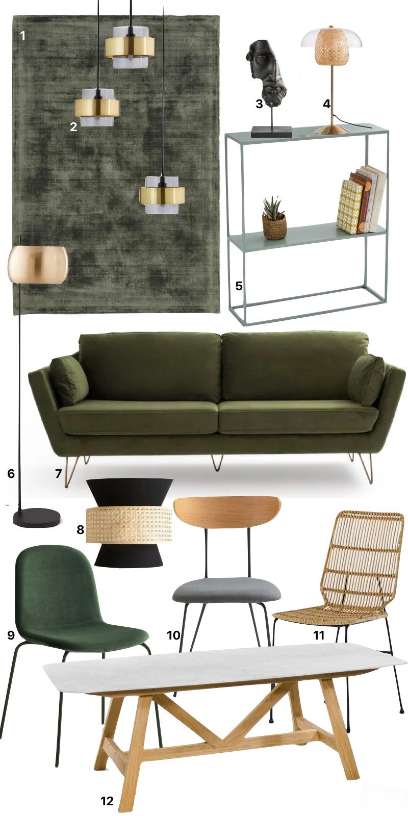 idée déco vert olive salon velours lampe laiton chaise dépareillée bois rotin