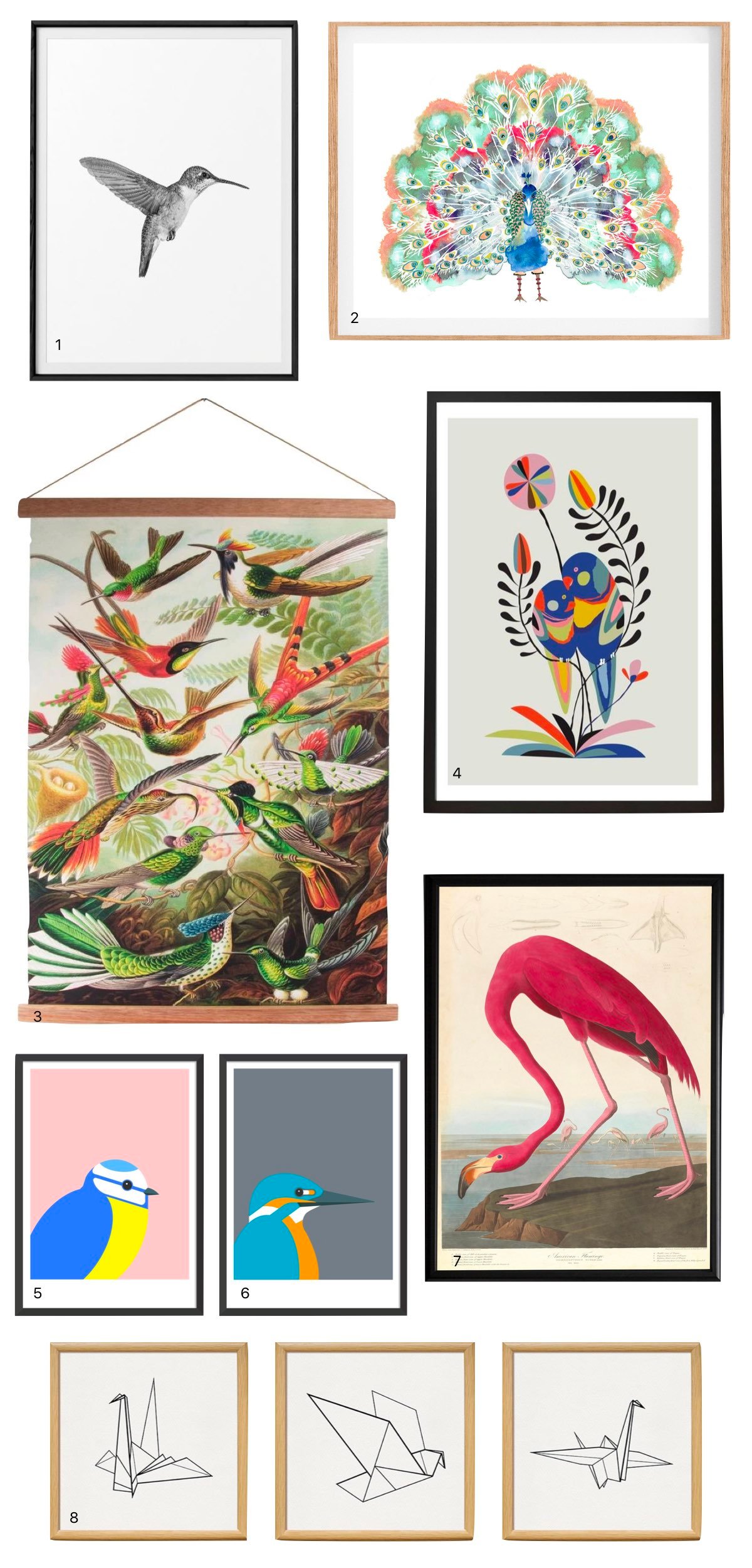 Affiche dessin oiseaux vintage retro aquarelle paon pie corbeau flamant rose origami