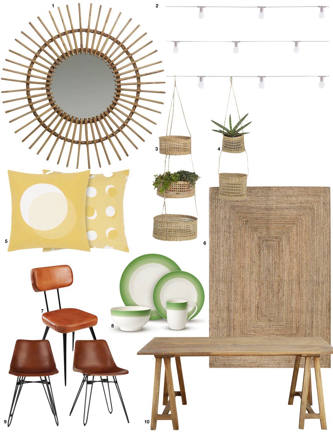 déco champêtre vintage coussin jaune miroir tapis fibre naturelle table bois chaise cuir marron