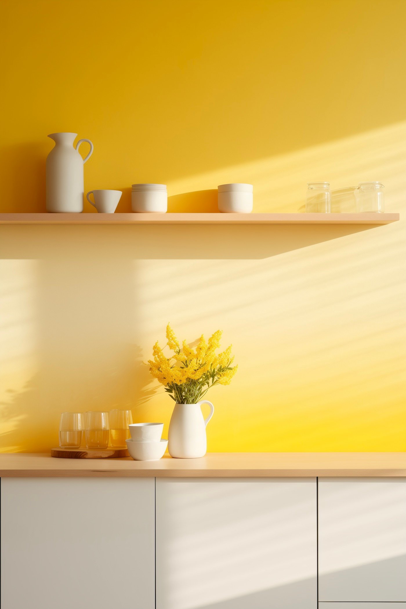idée déco cuisine minimaliste jaune blanche bois