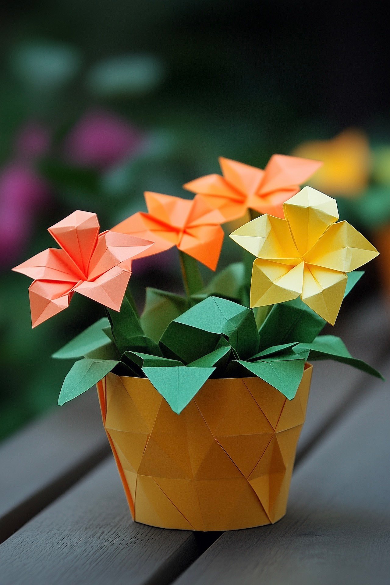 technique pliage fleurs papier origami geranium pot