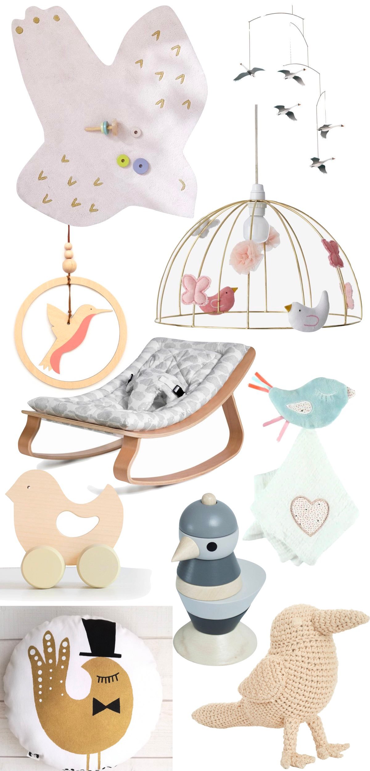thème oiseau chambre bébé idée cadeau naissance fille mobile tapis jouet en bois