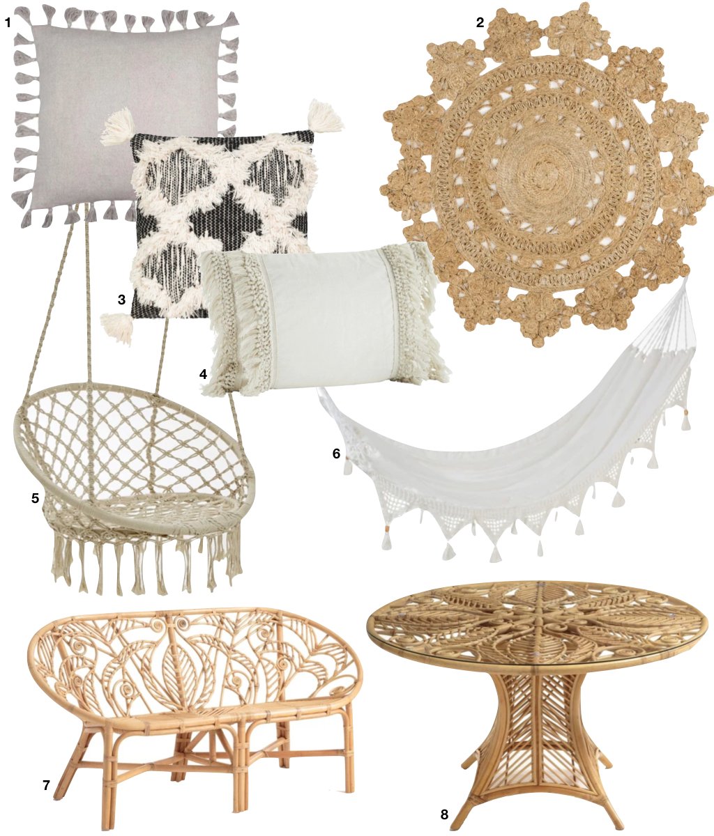 banc table rotin hamac coussin à frange pompon blanc noir terrasse bohème extérieure