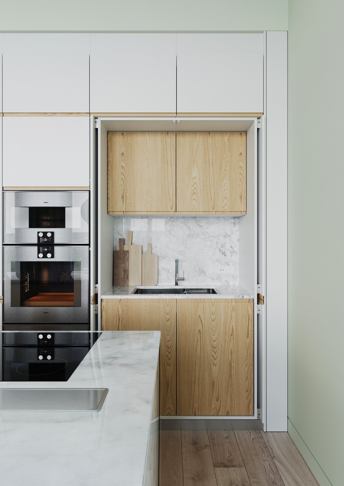 cuisine ilot blanche bois masquer placard invisible