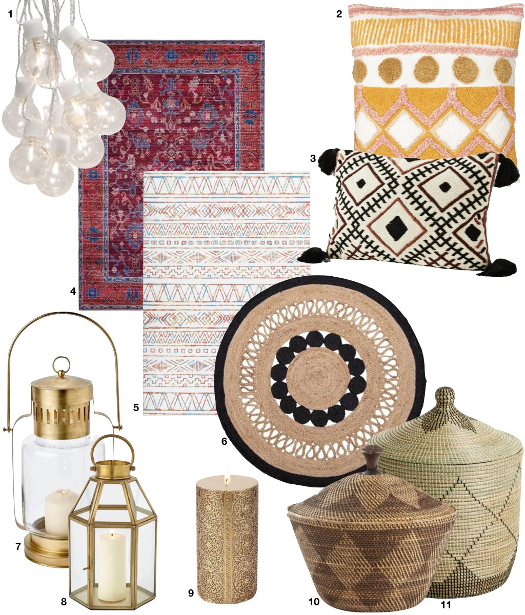 déco extérieure bohème ethnique rouge laiton lanterne tapis panier de rangement en osier