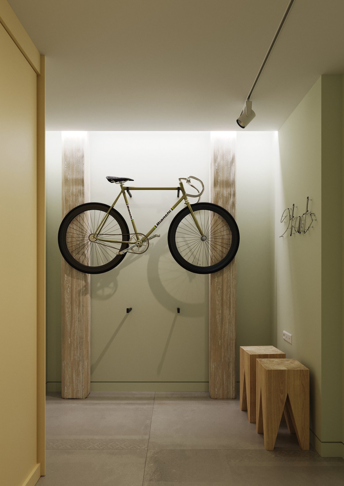 entrée mur vert eau pastel accroche vélo mural