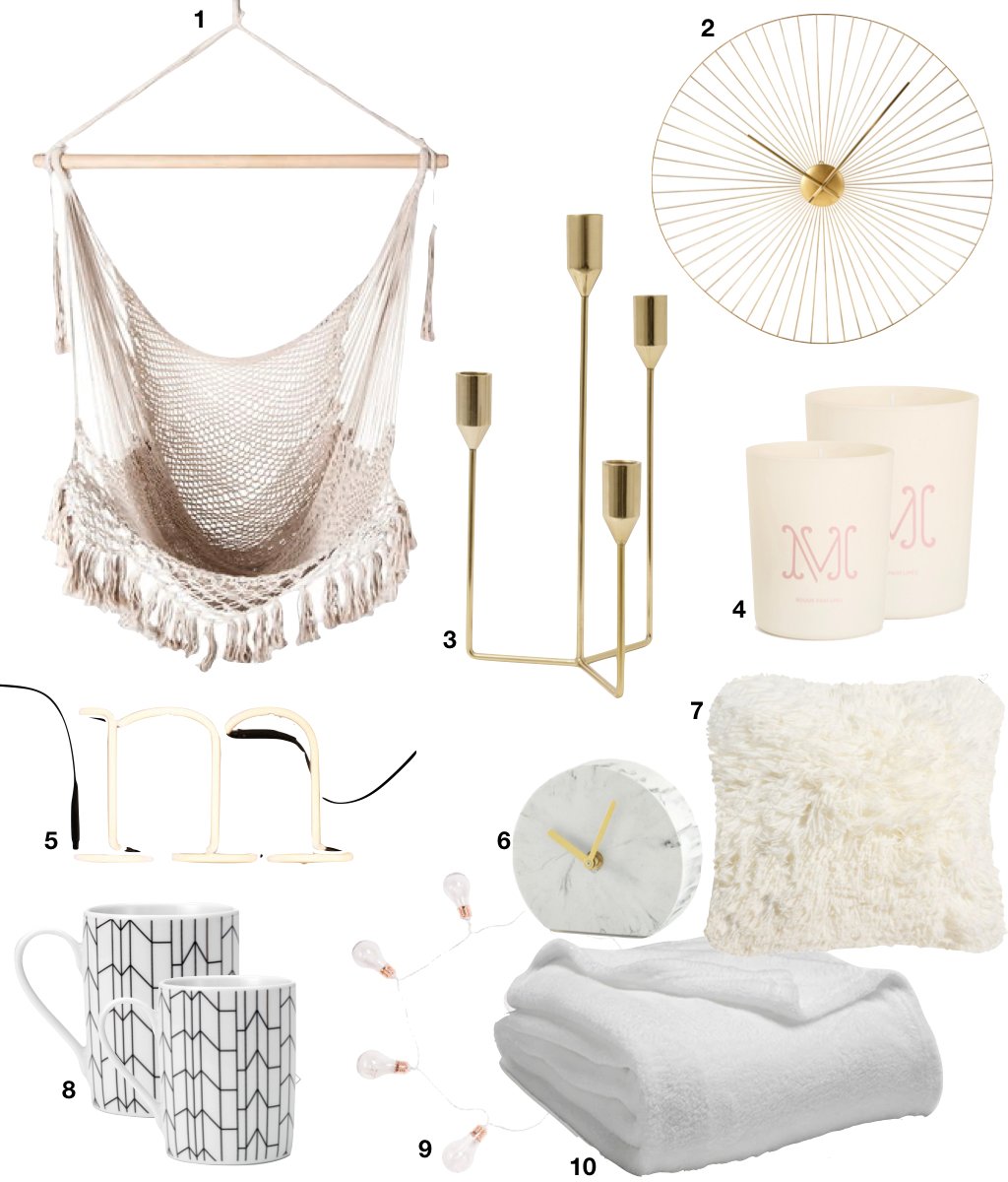 idées cadeaux fille ado chambre cosy plaid coussin blanc mug horloge laiton