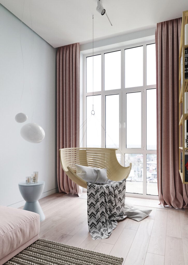 intérieur couleurs pastel balancelle jaune pale décoration slow life