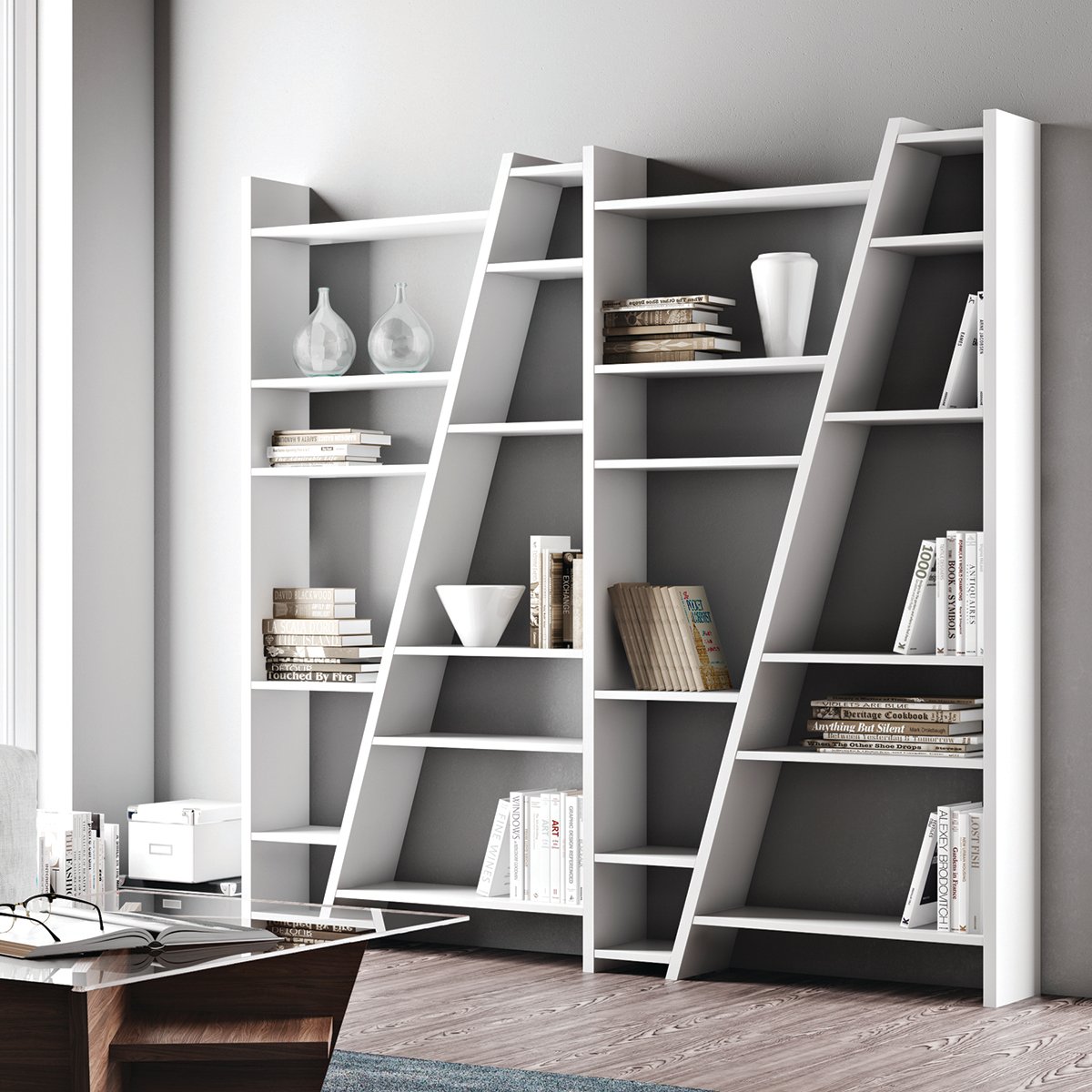 bibliothèque originale bois blanc déco intérieure parquet en bois