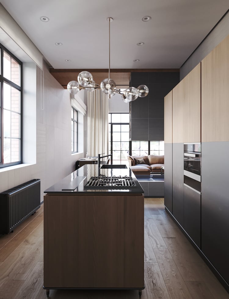 cuisine en longueur ilot marbre chalet moderne radiateur noir mat