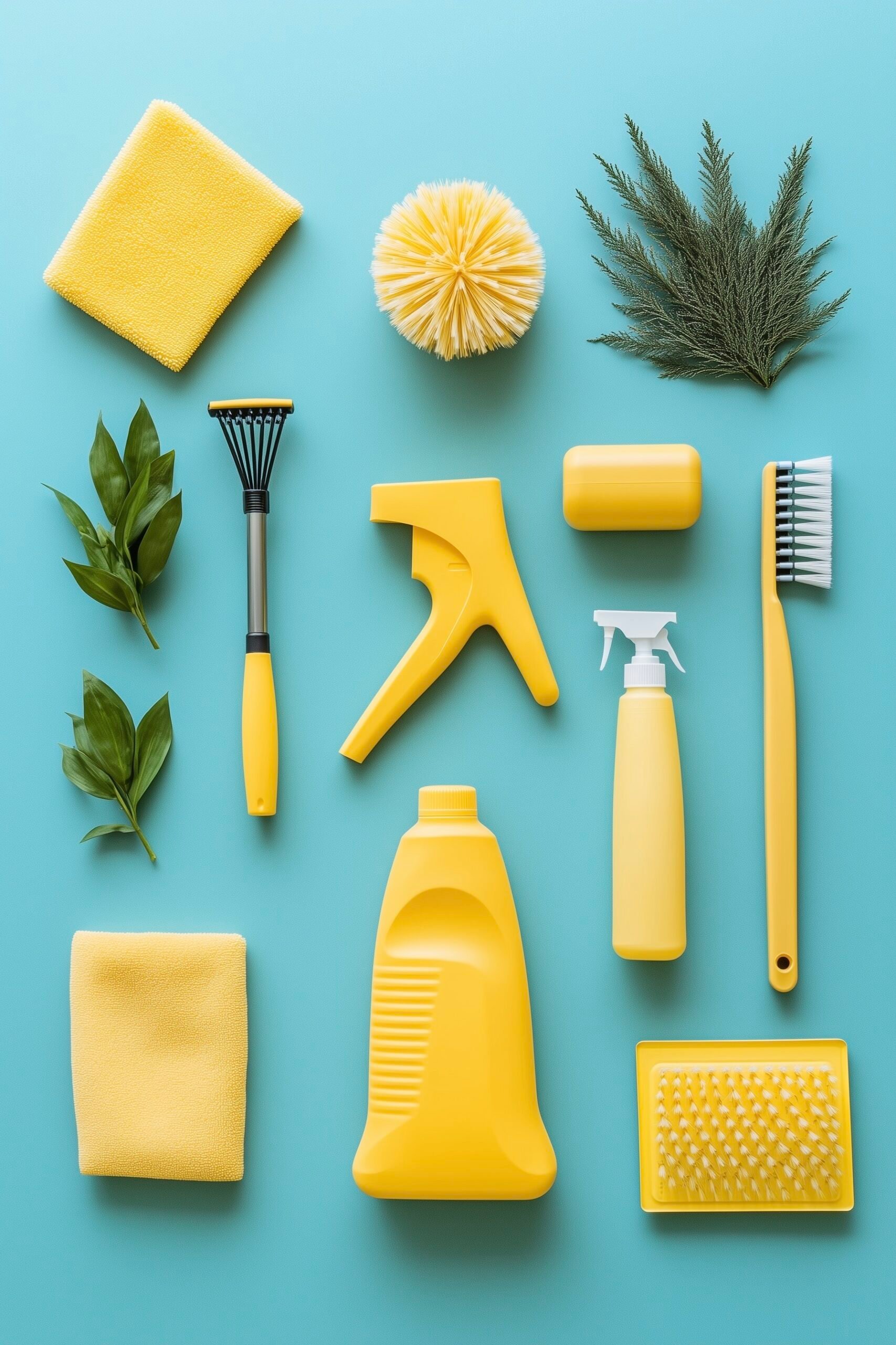 flat lay set design brosse produits entretien maison jaune turquoise