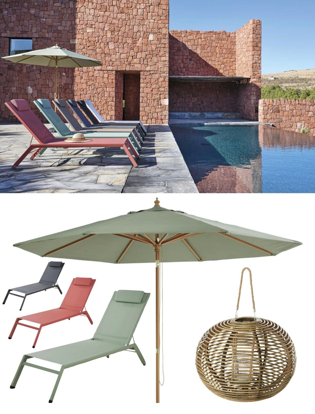 piscine villa briques transat design moderne vert eau rouge gris parasol couleur pastel