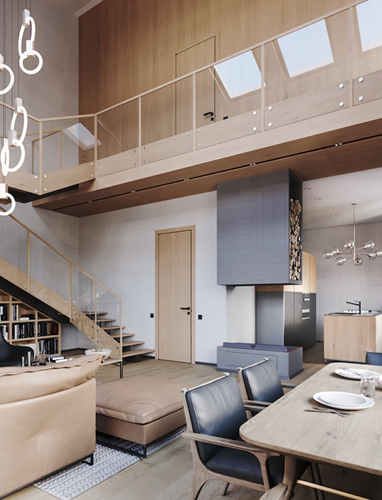 salon séjour chaise fauteuil rétro bois clair cuir noir canapé beige angle