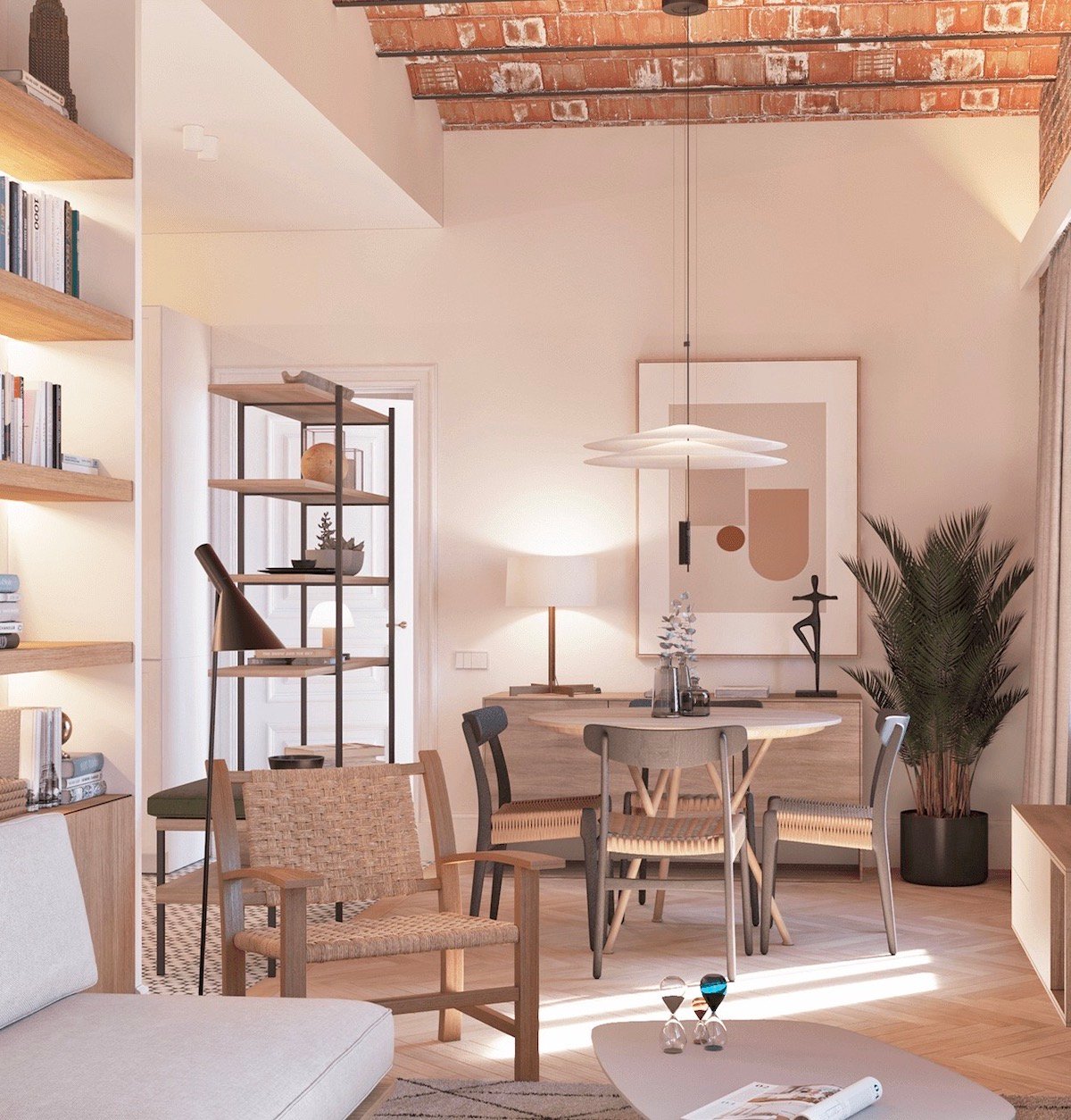 3d salon scandinave mur brique - blog déco clem around the corner