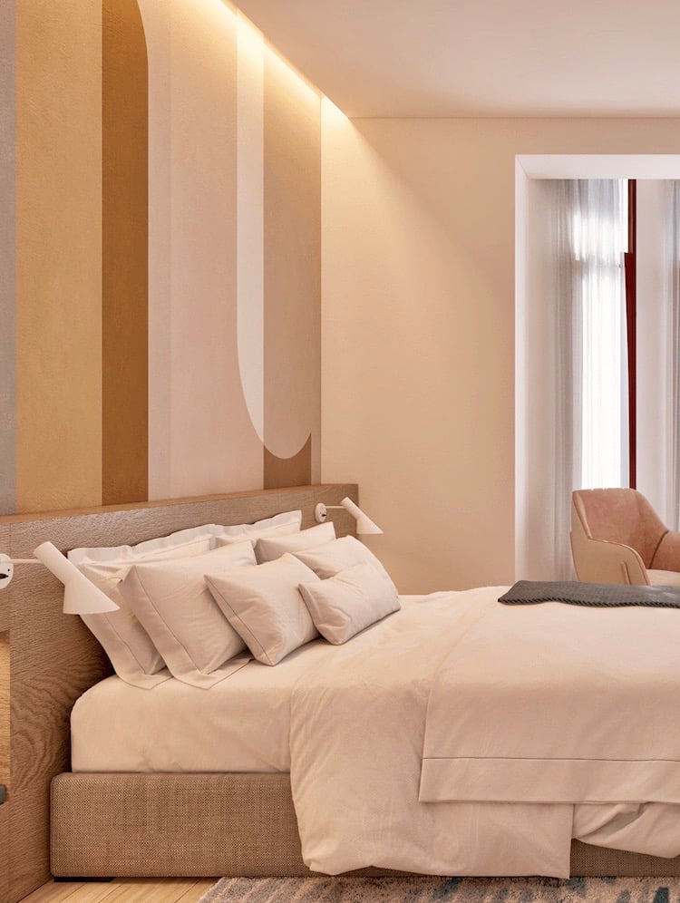 chambre tête de lit bois papier peint années 70s appartement senior Barcelone