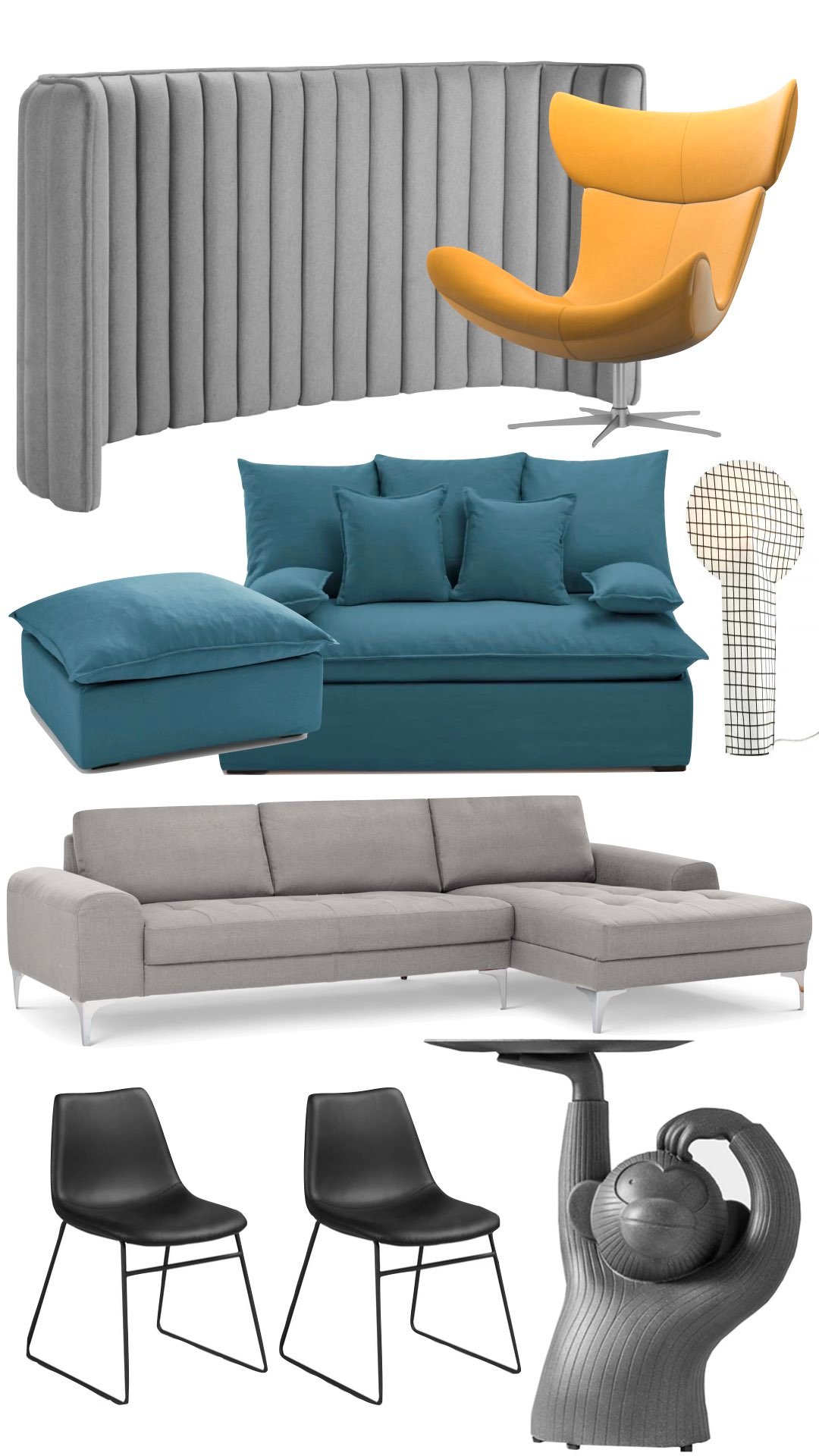 comment aménager loft style salon gris noir bleu canard jaune moutarde