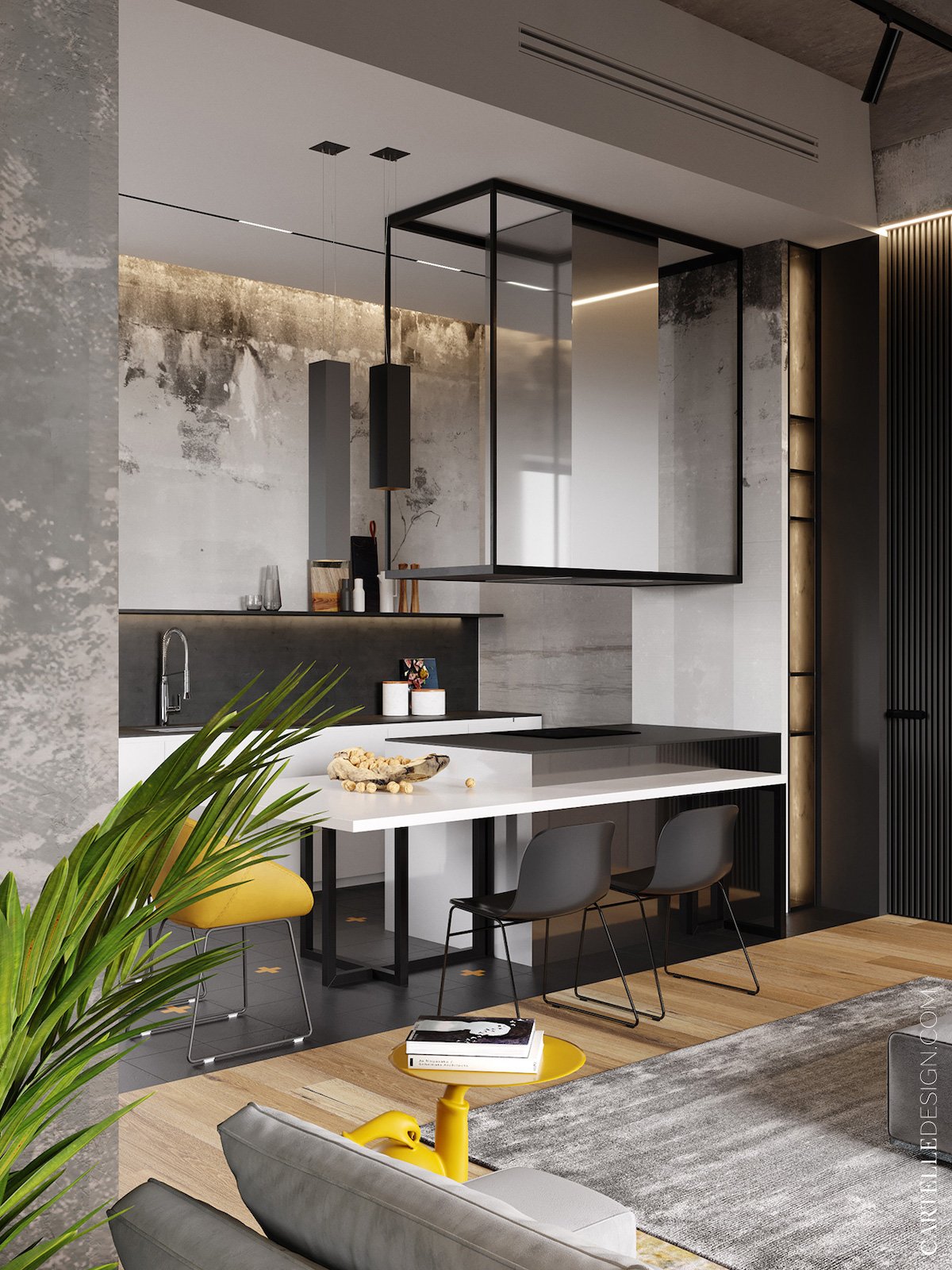 cuisine ouverte blanche noire chaise jaune style loft à Moscou