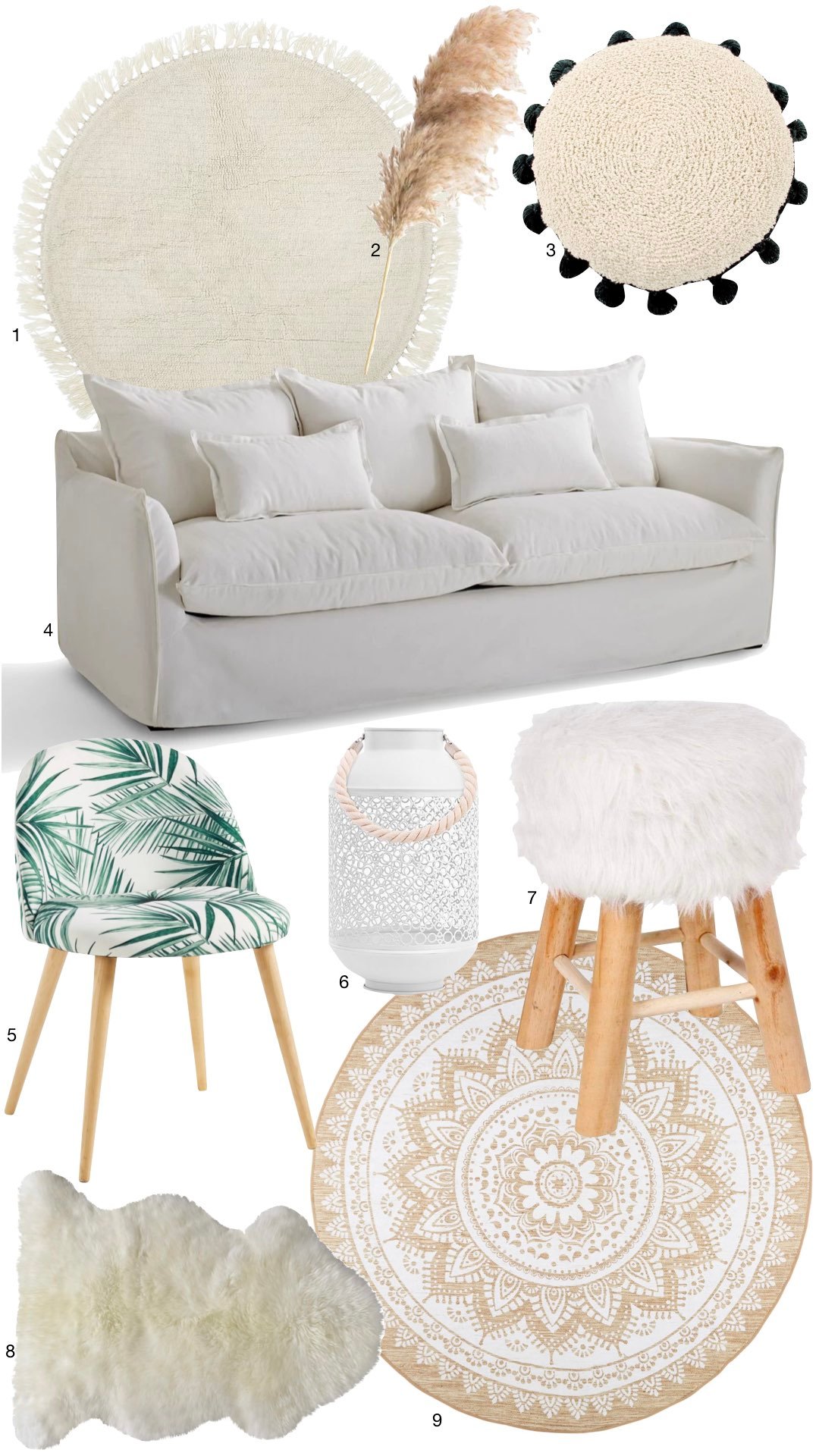 déco scandi boho meubler salon pas cher tapis rond fausse fourrure canapé blanc lin