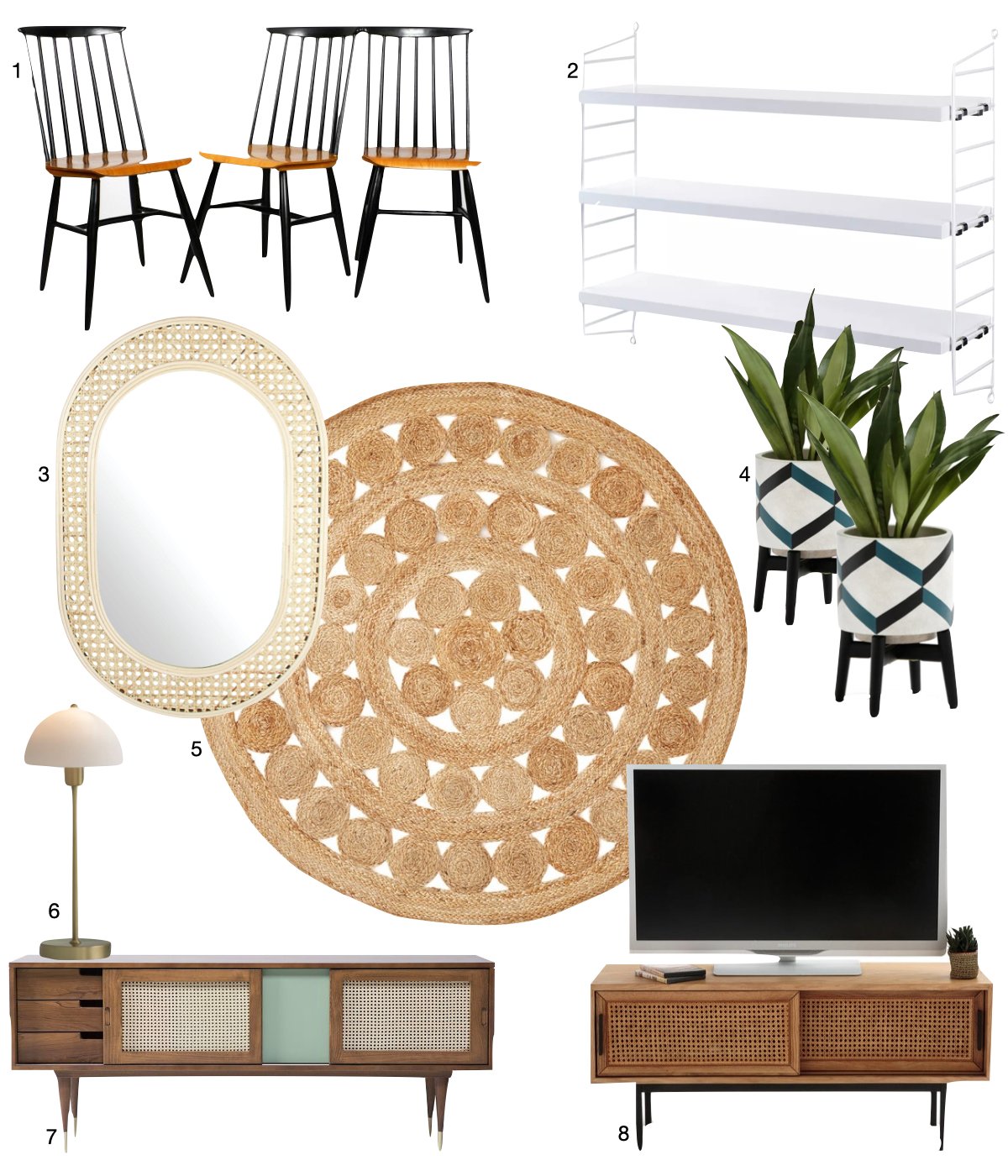 miroir oval meuble tv cannage tapis rond jute chaise bois accessoires déco vintage