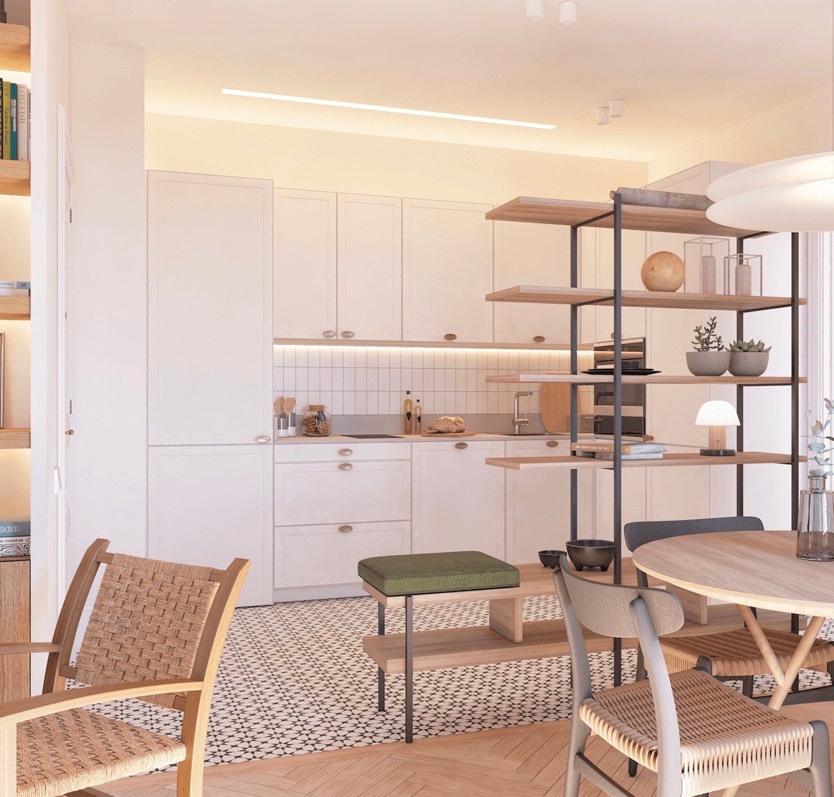 mobilier entrée séparer cuisine salon bibliothèque siège design astuce déco - clem around the corner