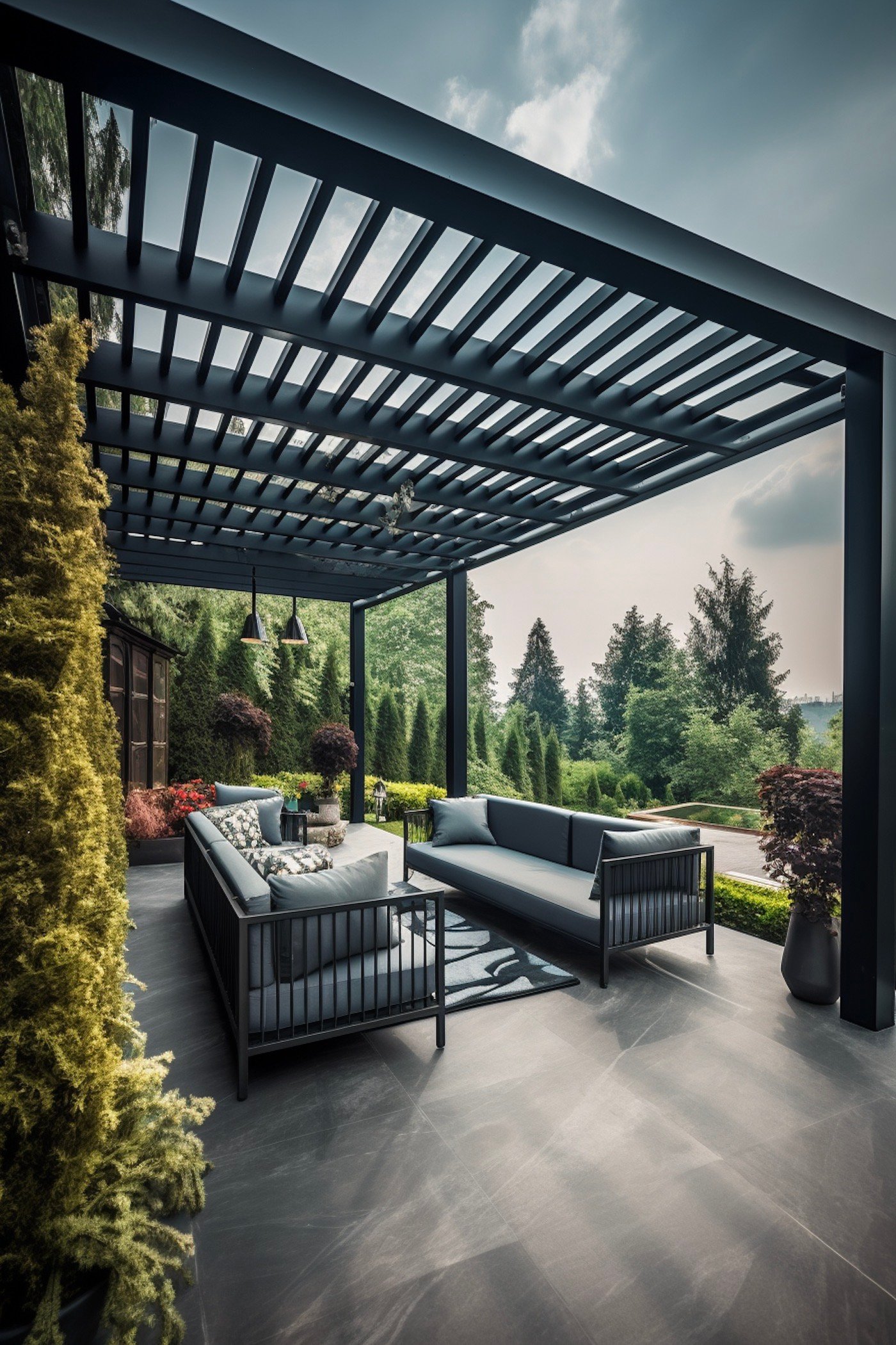 pergola aluminium gris anthracite sol extension maison carrelage