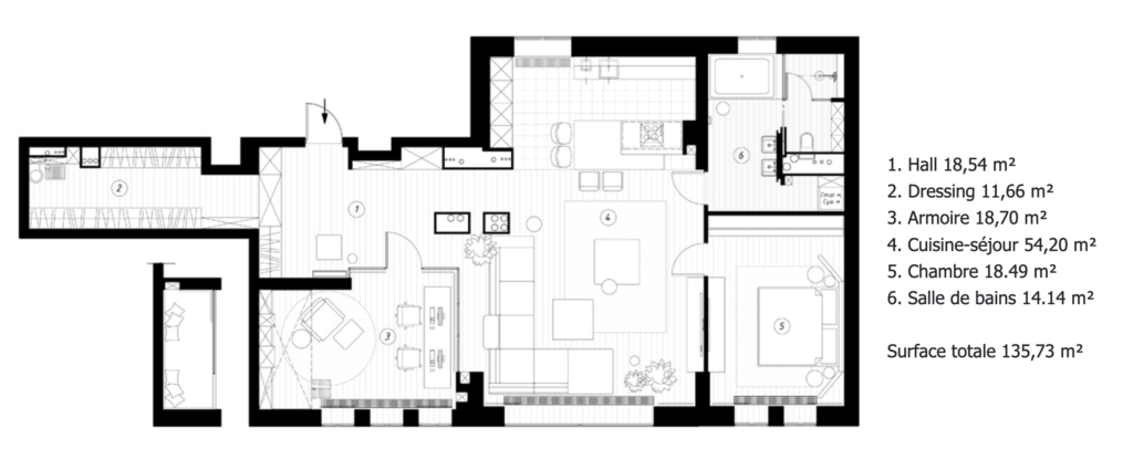 plan aménagement agencement loft 100m2 suite parentale