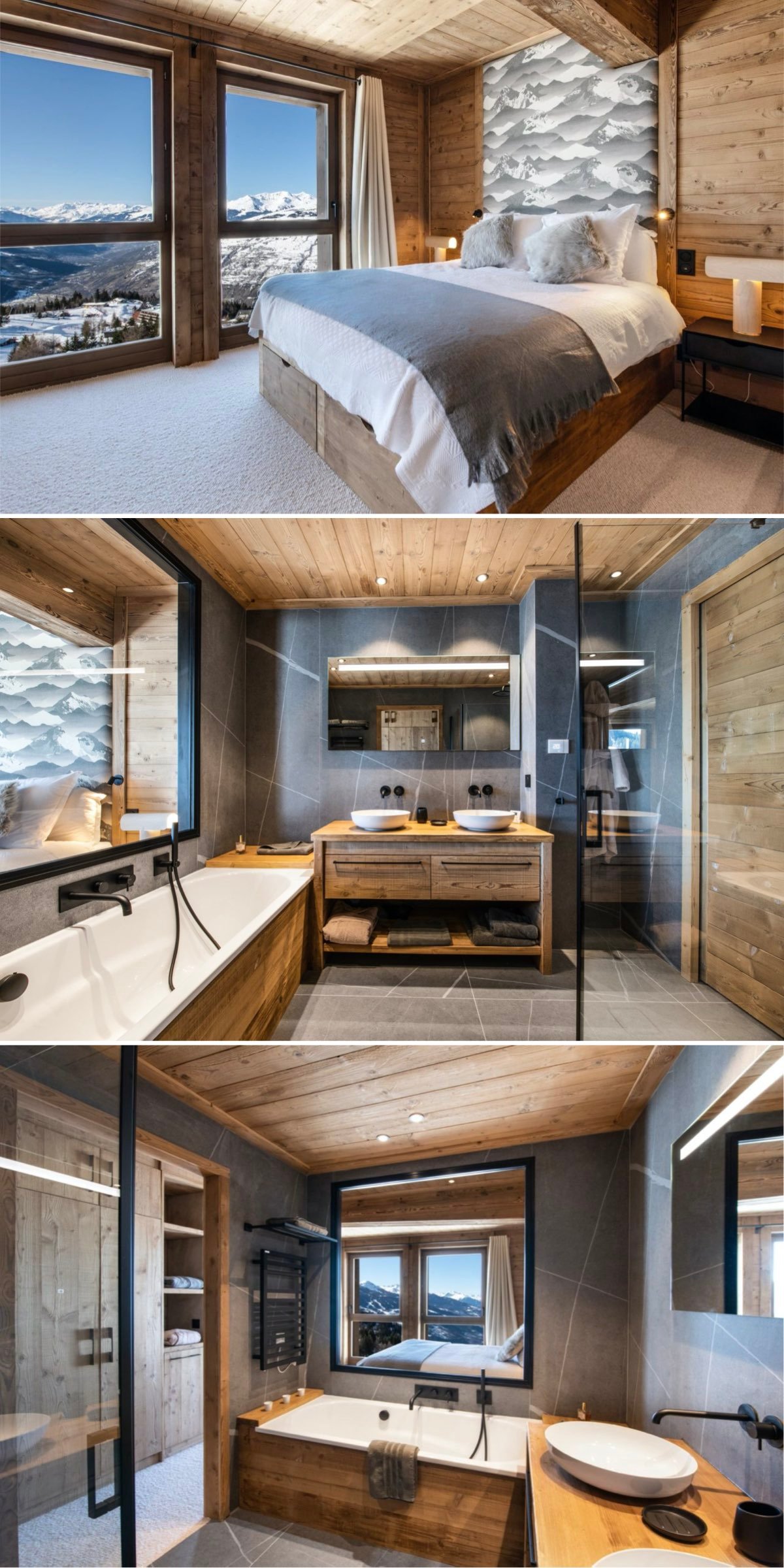 rénovation d'un appartement de montagne suite parentale salle de bain ouverte chambre vue