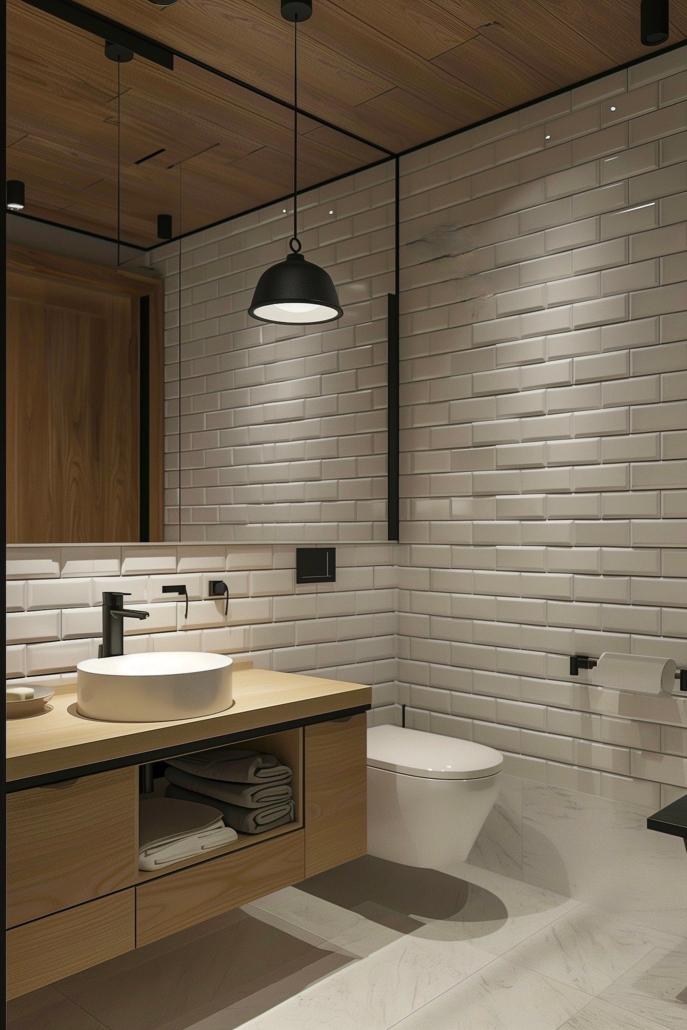 salle de bain mur carrelage métro meuble bois décoration épurée