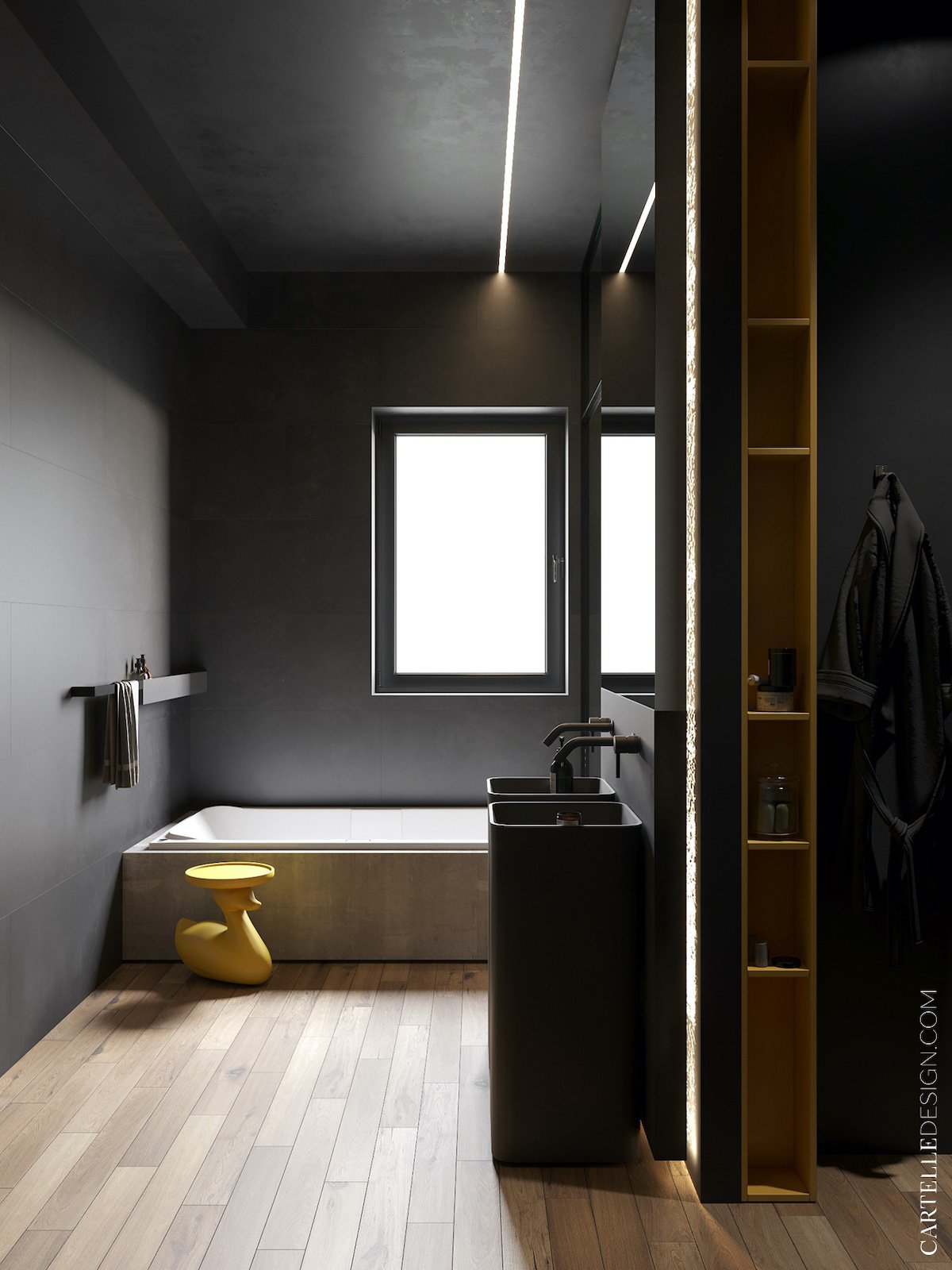 salle de bain noire baignoire béton table basse en forme de canard jaune plastique parquet