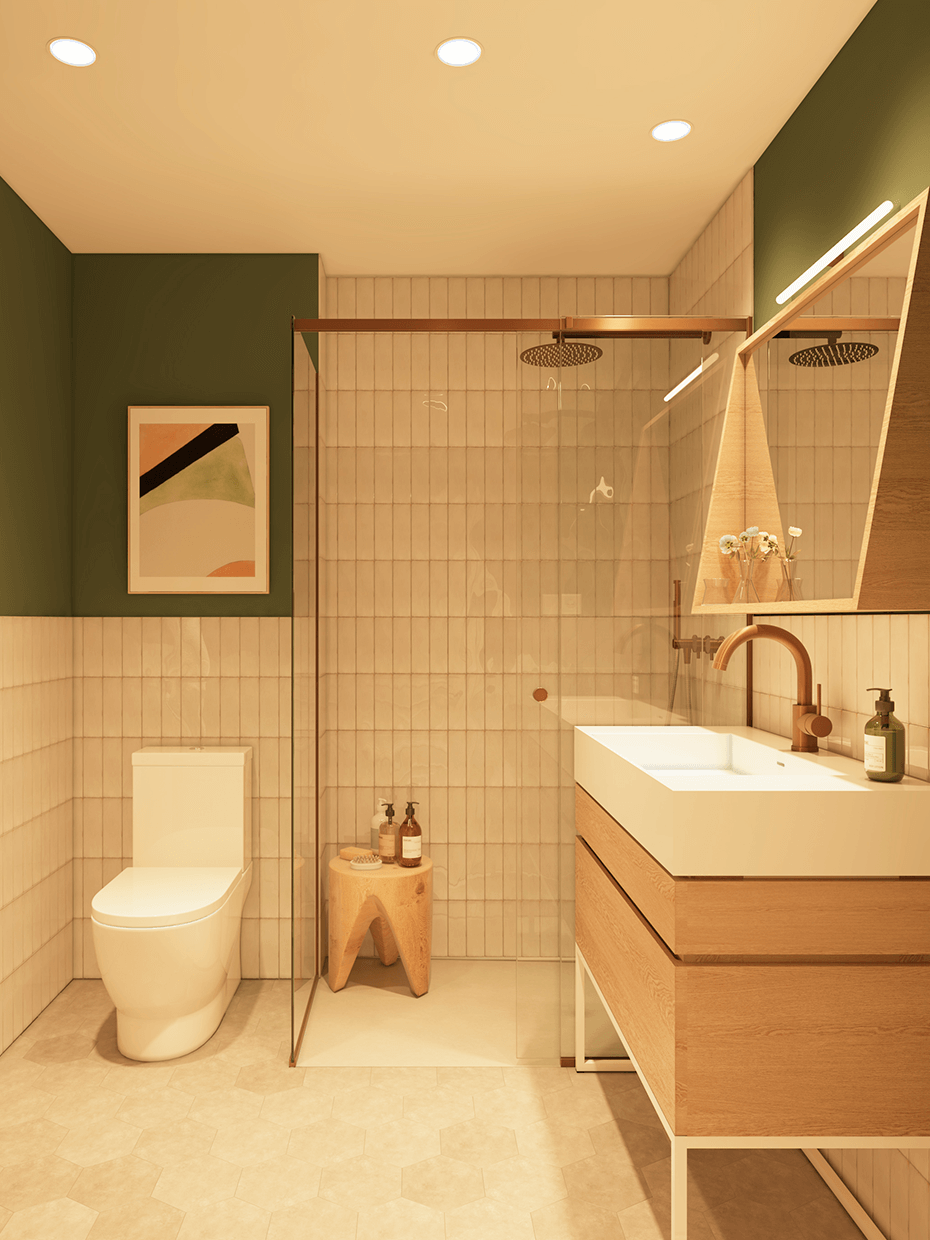 salle de bain résidence appartement pour senior à Barcelone blanche kaki