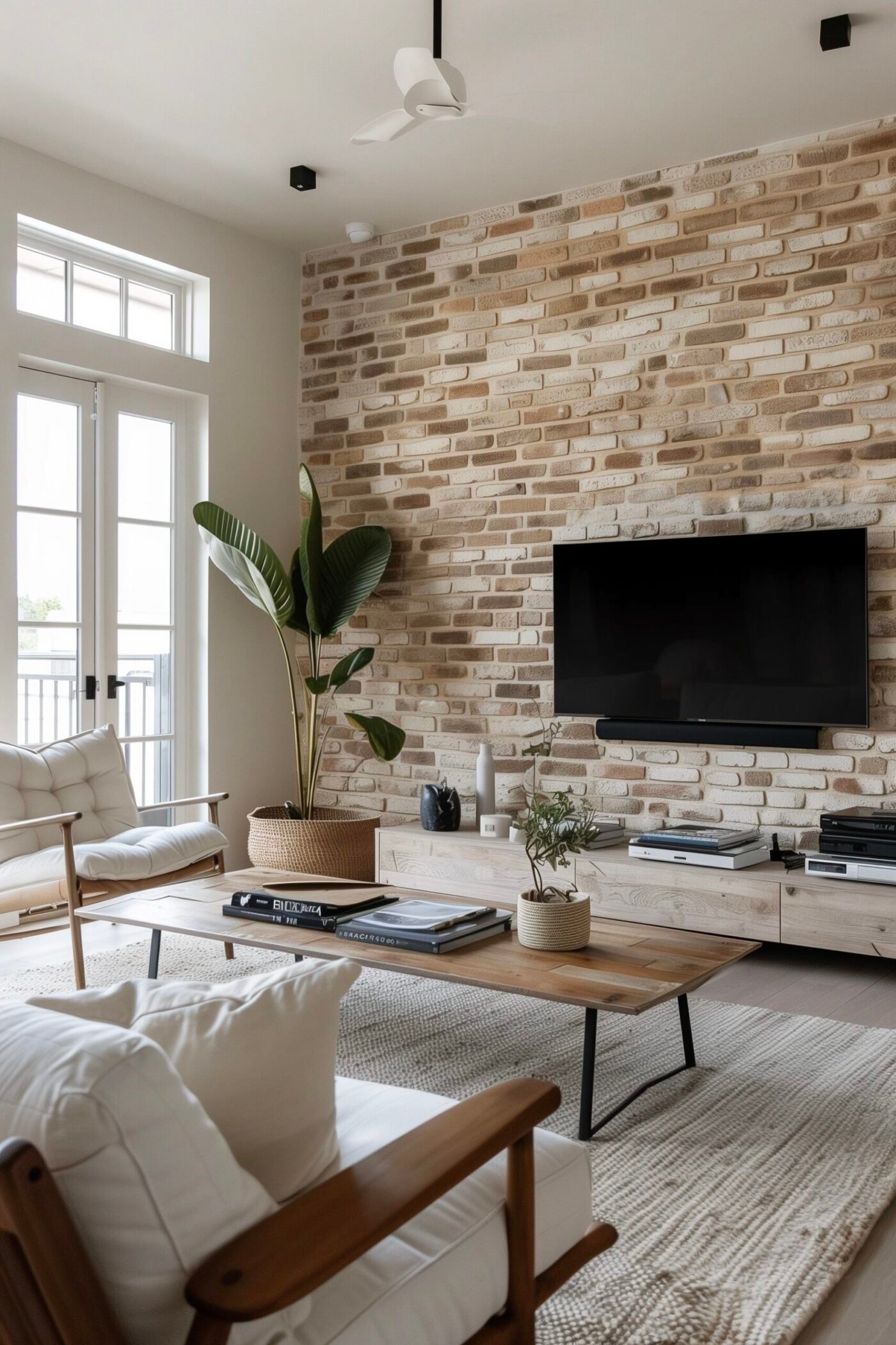 salon loft scandinave mur briquettes beige naturelle