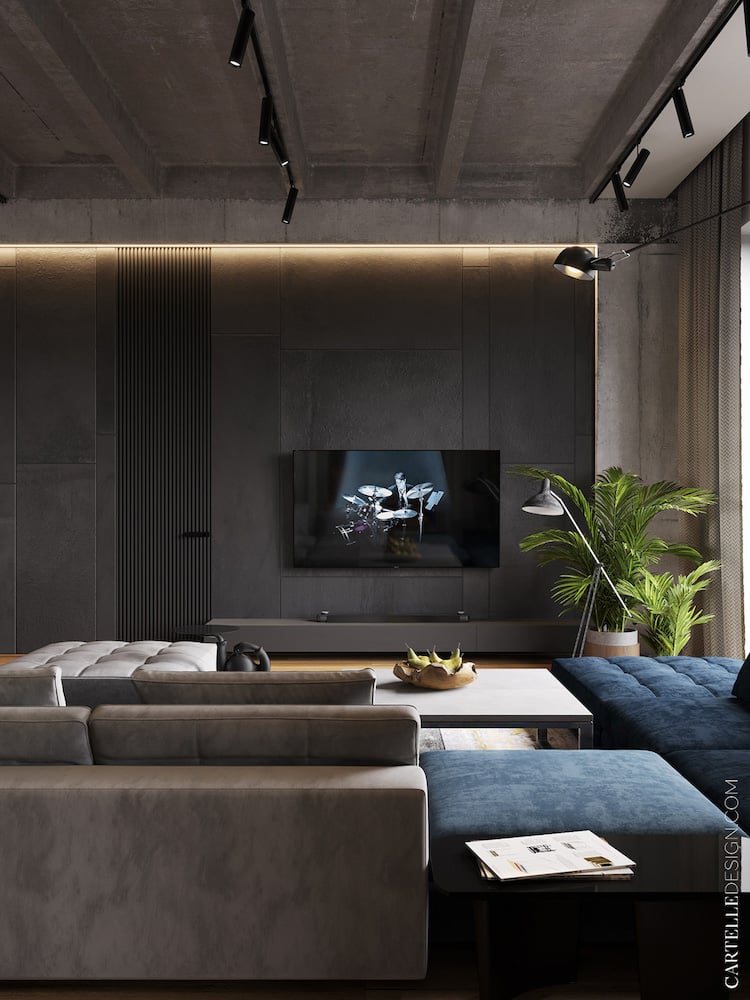 salon mur noir gris anthracite canapé bleu foncé décoration masculine