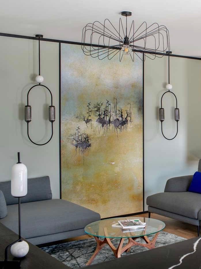 salon vert de gris paris moderne décoration originale fresque murale