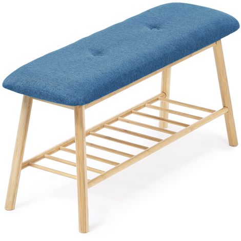 banc d entrée capitonné en bambou tissu bleu