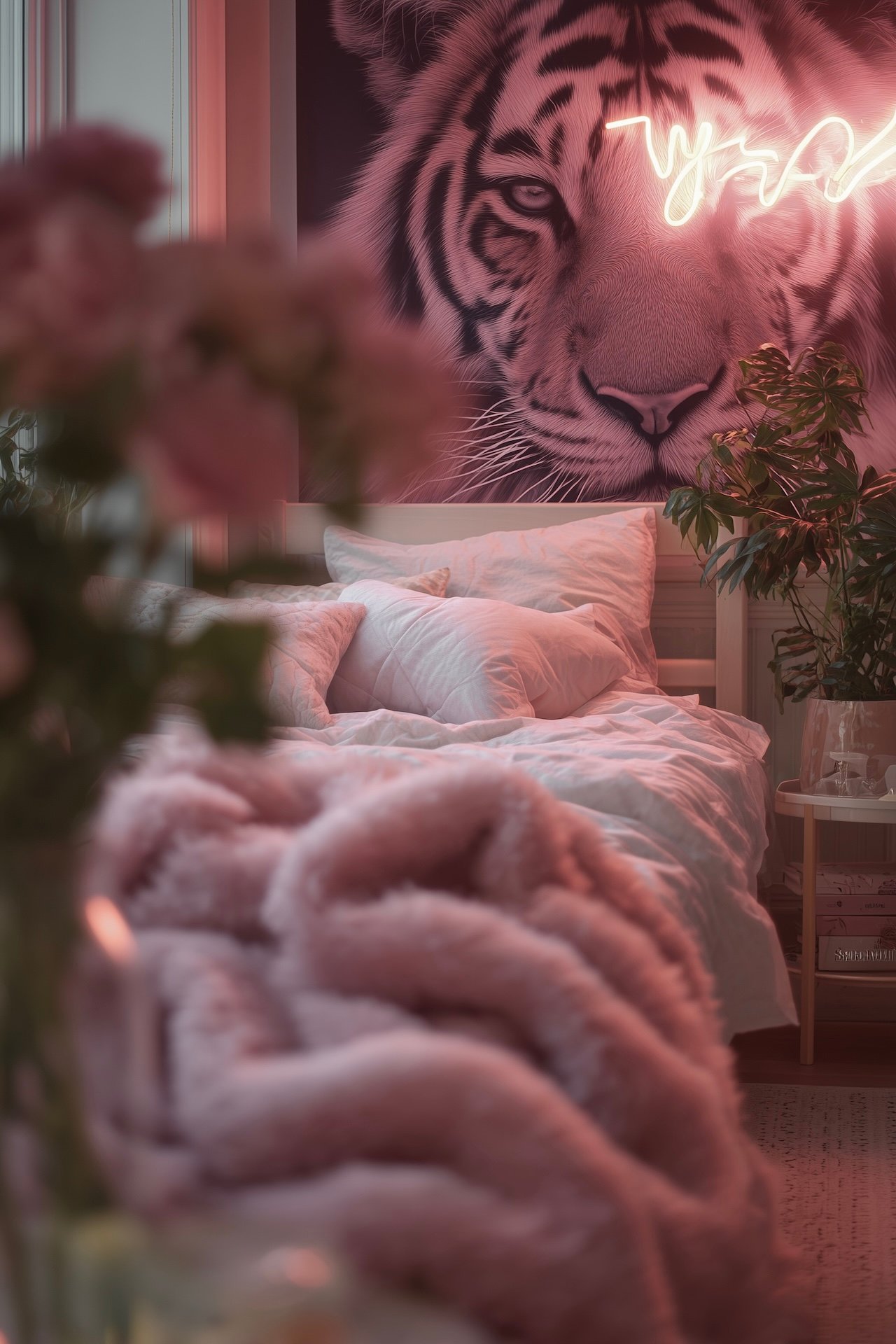 chambre fille rose tigre néon mural