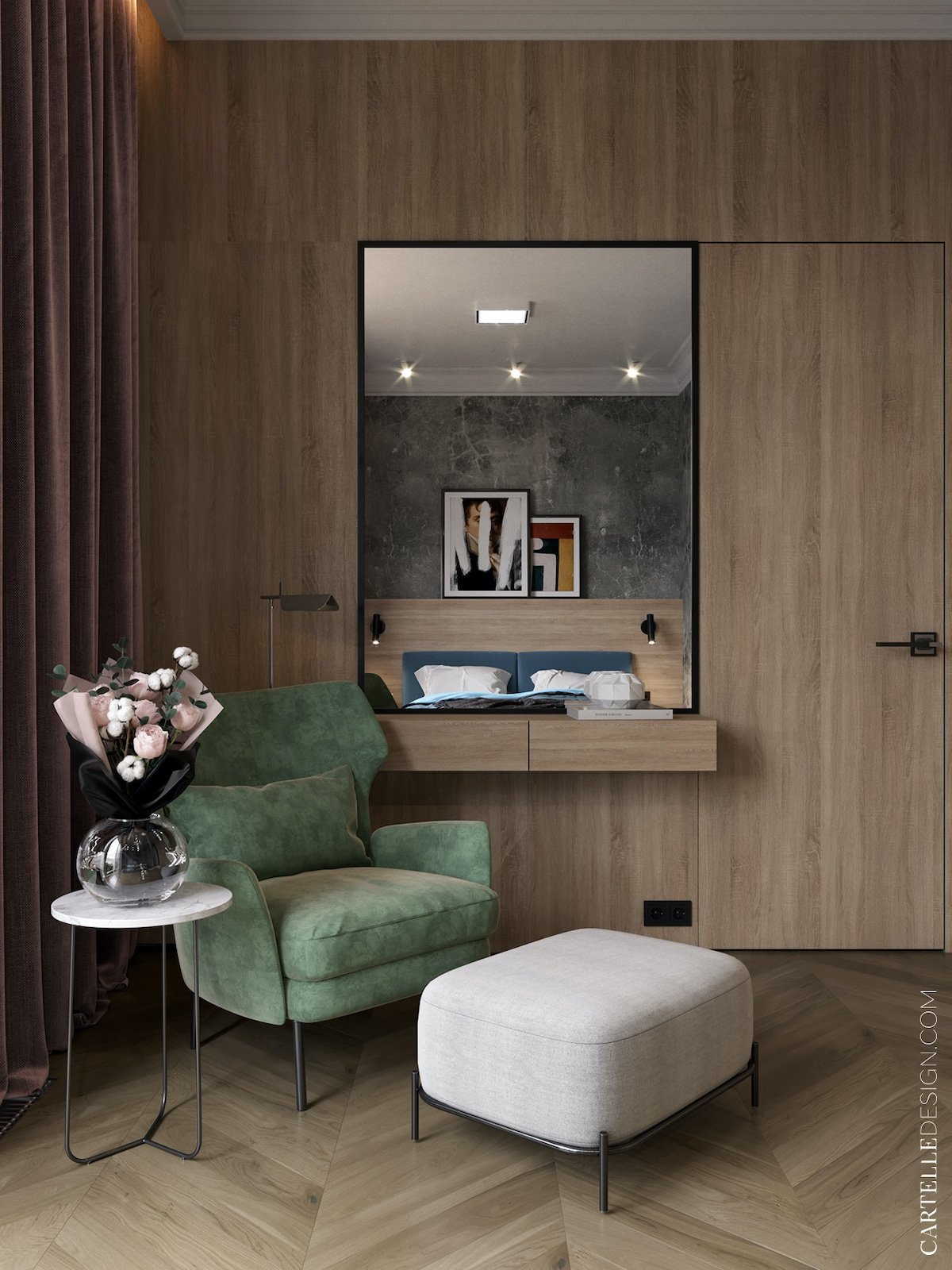 chambre parent comme hôtel bois revêtement coin fauteuil relaxation velours vert coffrage