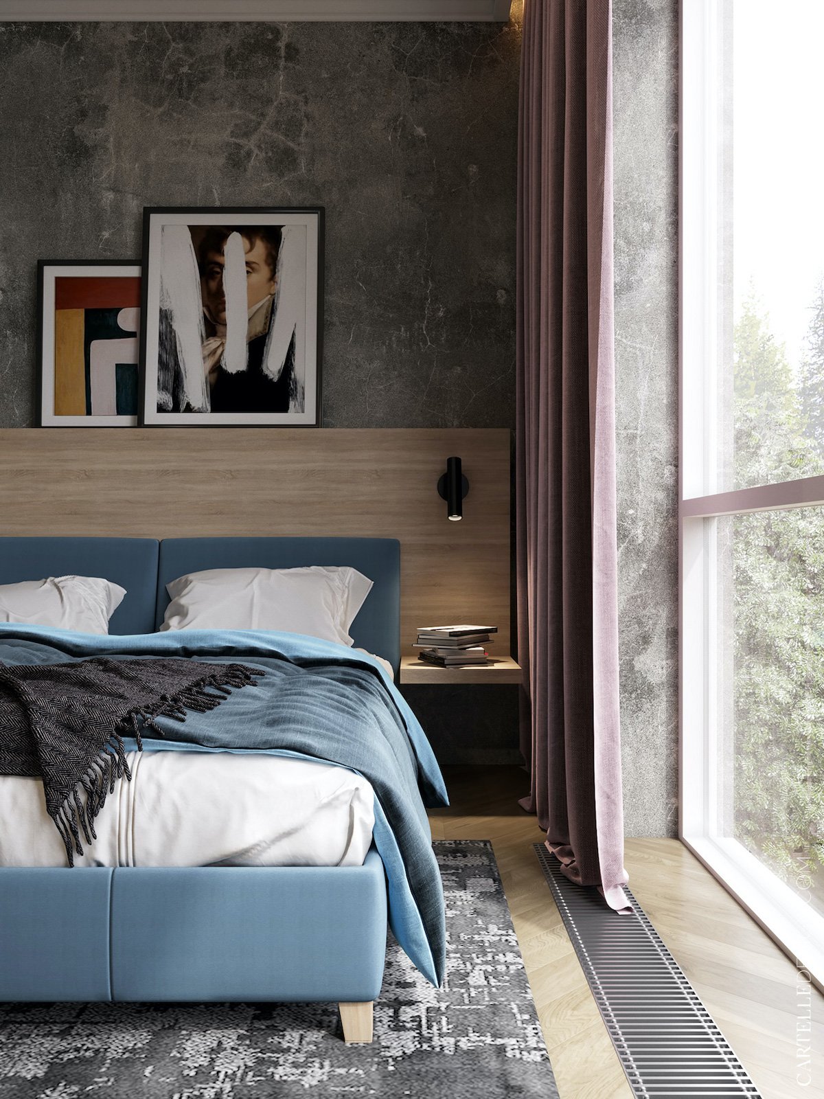 chambre parentale lit double bleu clair rideaux vieux rose prune mur autocollant sticker effet marbre noir